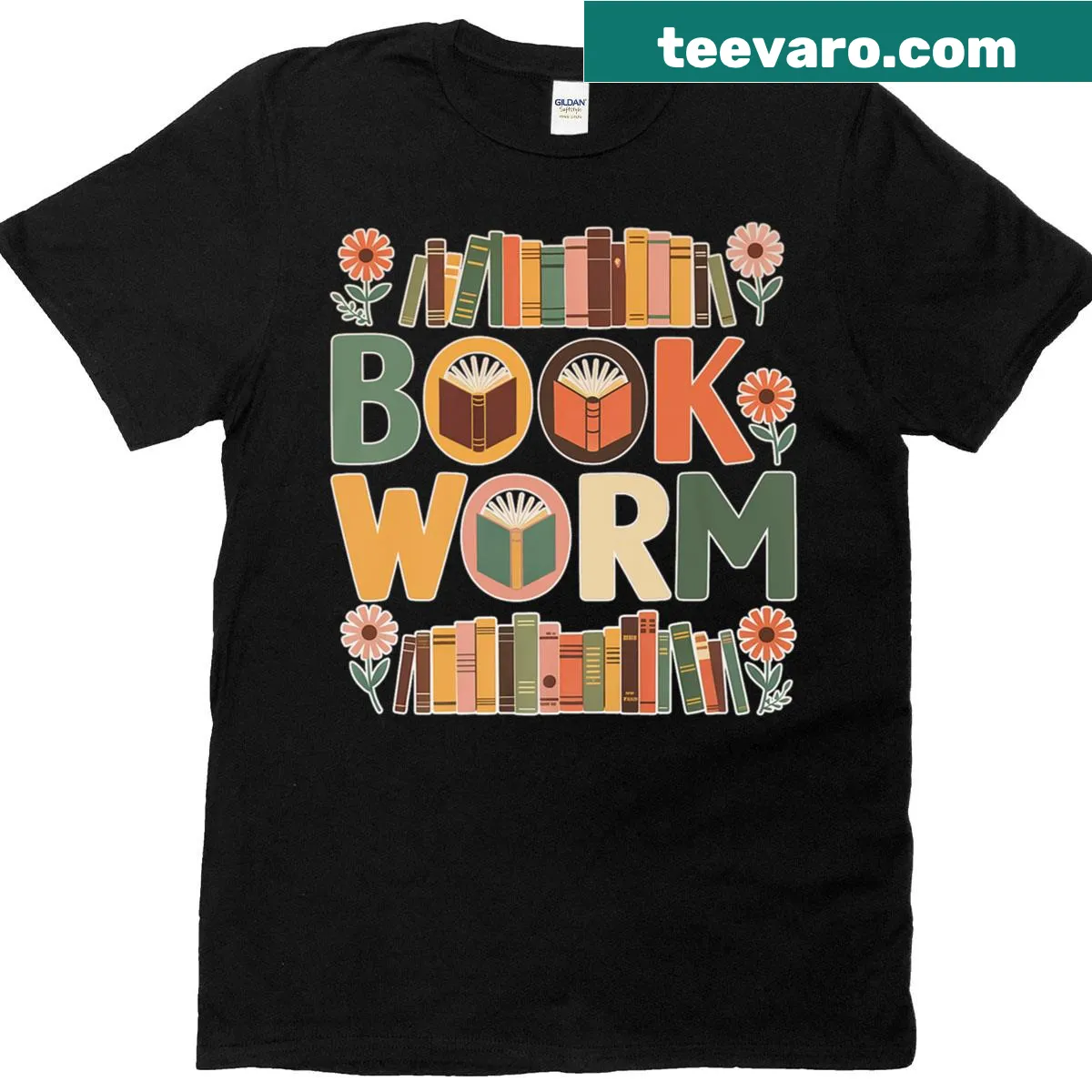 Illustrated T-shirt featuring a cozy bookshelf and reading theme — on a men's t-shirt
