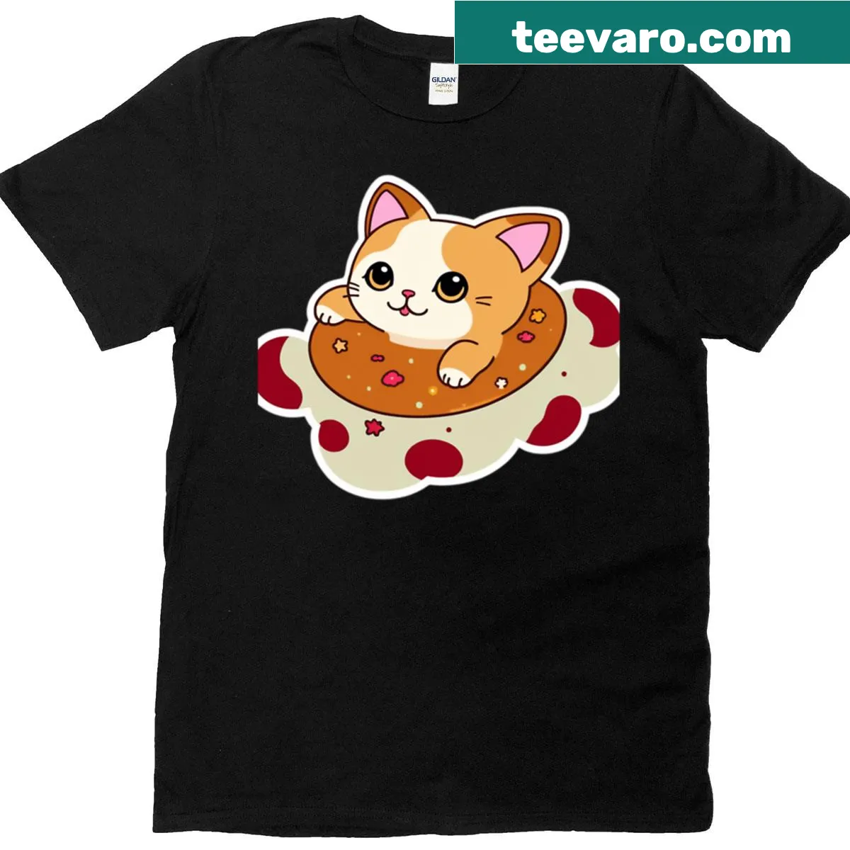 Kawaii T-shirt featuring a cute cat astronaut floating in space — on a men's t-shirt