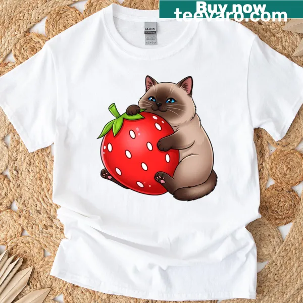 Siamese cat hugging a large strawberry in a cute design