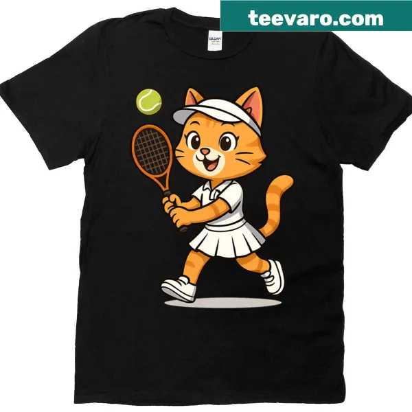 Cartoon cat playing tennis graphic on t-shirt