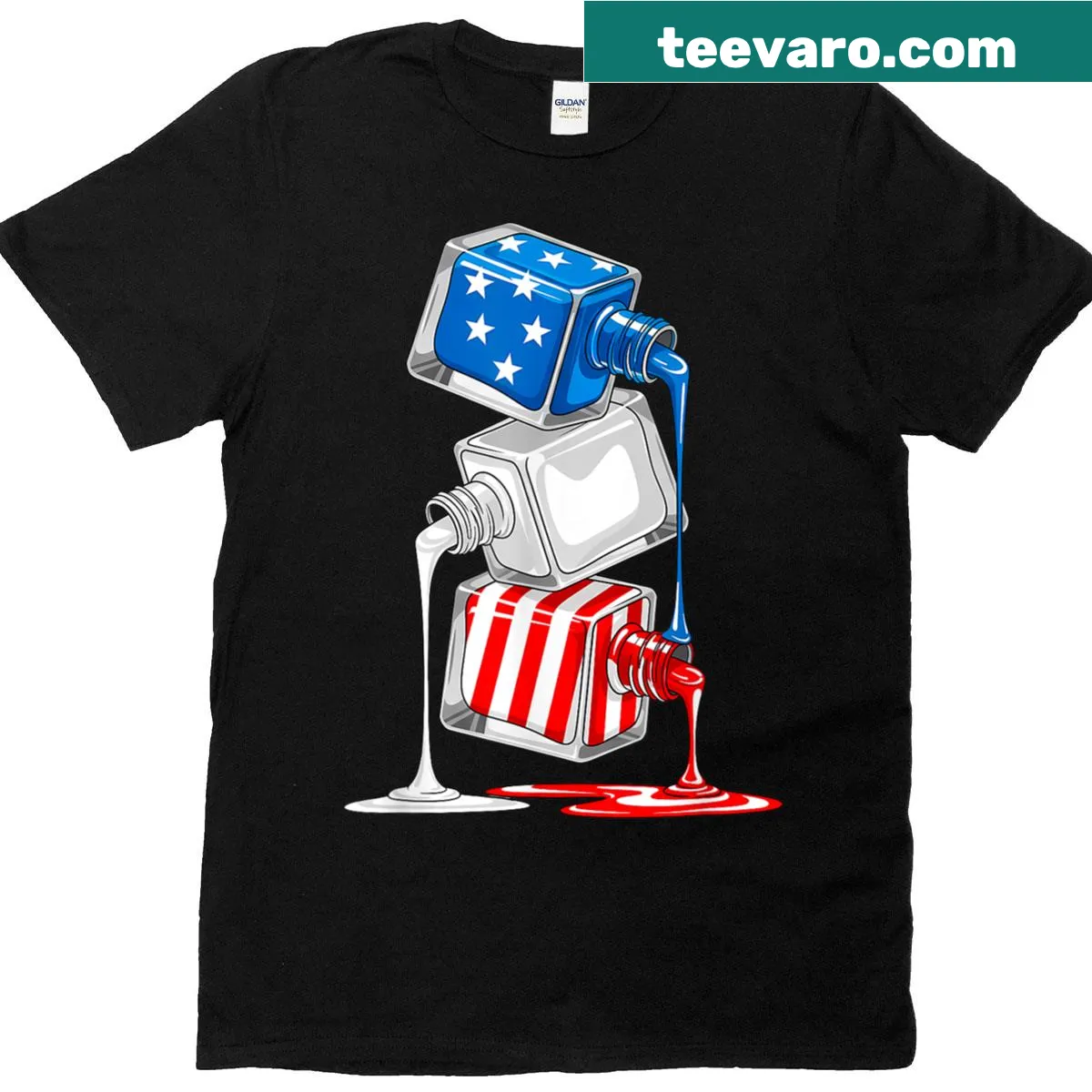 Patriotic nail polish graphic with stars and stripes for nail techs — on a men's t-shirt