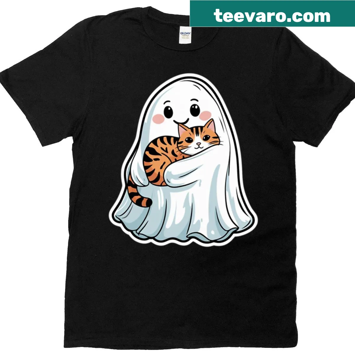 Cute ghost hugging a kitten design on a T-shirt — on a men's t-shirt