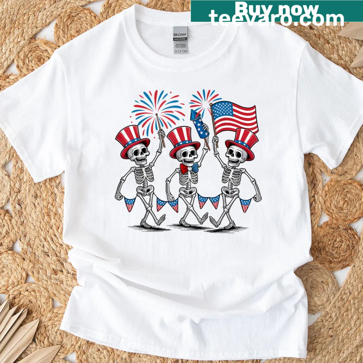 Dancing skeletons in festive attire on a Fourth of July T-shirt. — on a men's t-shirt