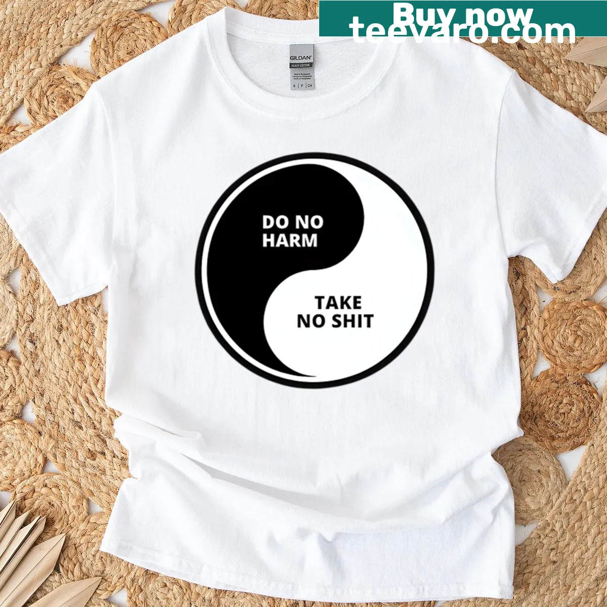 Yin-yang symbol with the phrase 'Do No Harm' for positive vibes — on a men's t-shirt