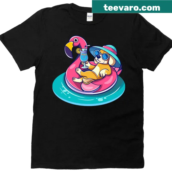 Dog on a flamingo pool float graphic on a T-shirt