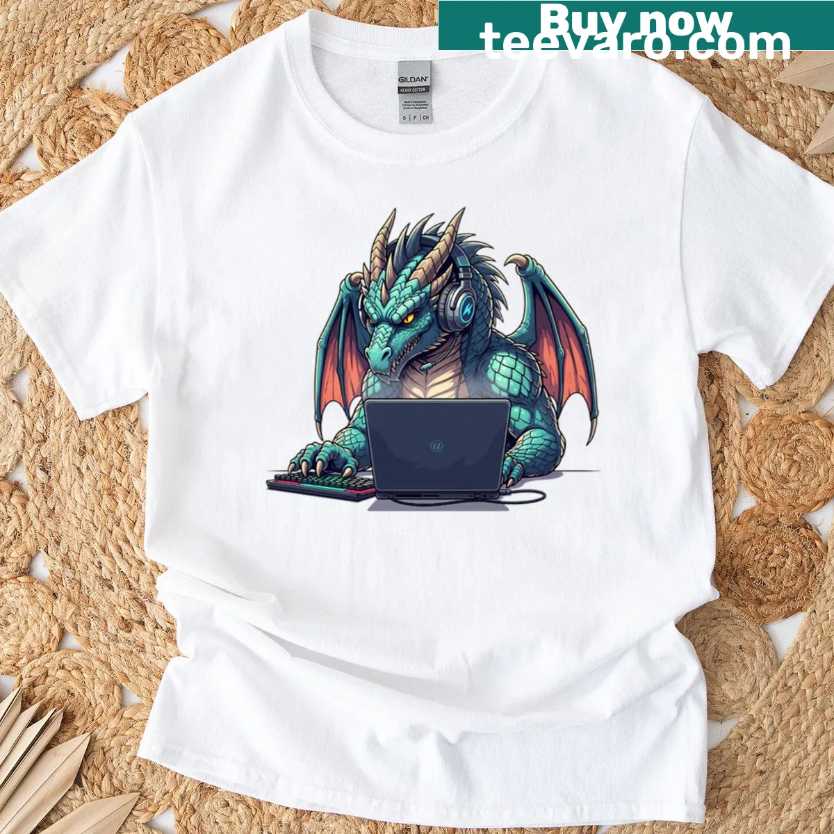 Illustrated t-shirt featuring a dragon with headphones and a laptop — on a men's t-shirt
