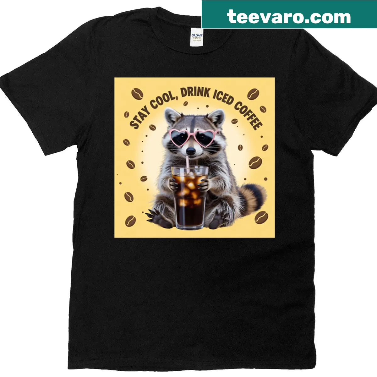 Cartoon raccoon enjoying iced coffee in a playful design — on a men's t-shirt