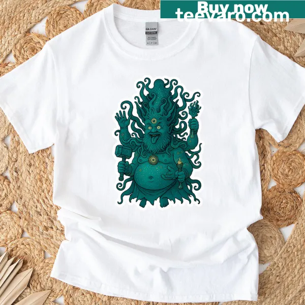 T-shirt featuring 'Evil C The Cosmic Behemoth' graphic