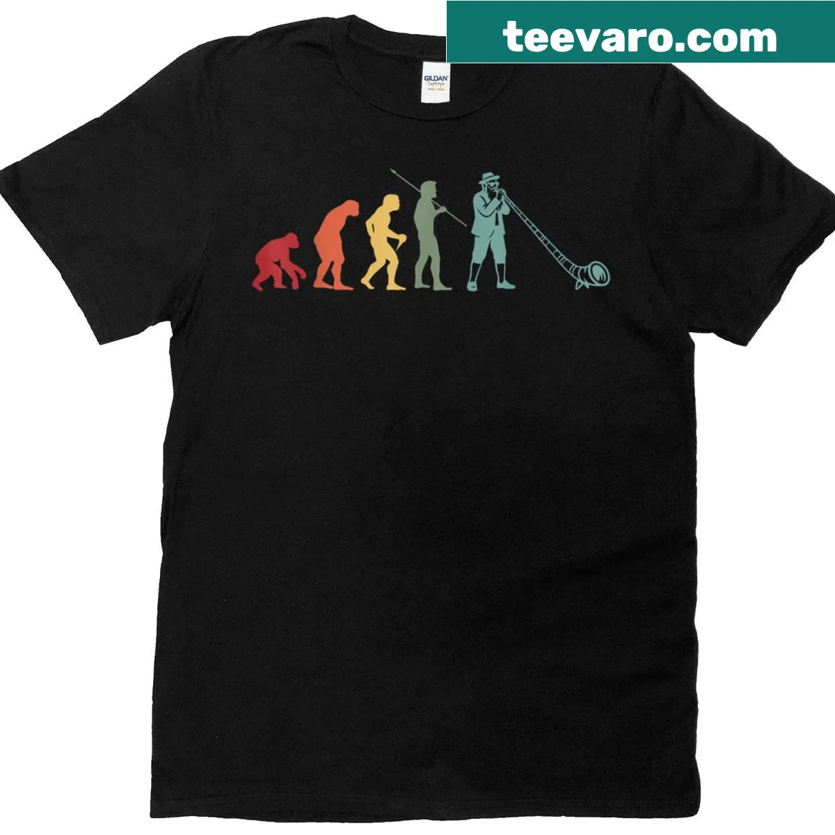Vintage illustration of an alphorn player on a musician t-shirt — on a men's t-shirt