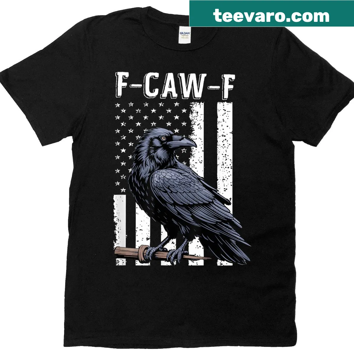 Vintage-style t-shirt featuring a black crow and USA flag — on a men's t-shirt