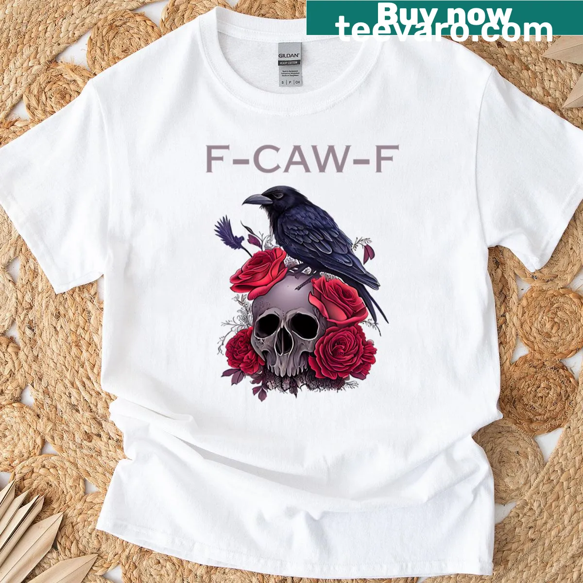 Gothic raven design with skulls and red roses illustration — on a men's t-shirt