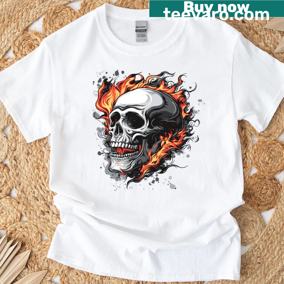 T-shirt featuring a fiery skeleton face design for kids — on a men's t-shirt
