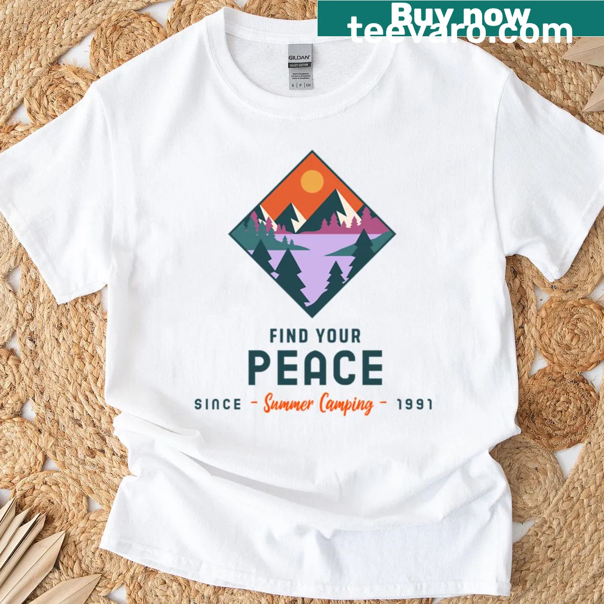 Nature-themed camping T-shirt with 'Find Your Peace Since 1991' text — on a men's t-shirt