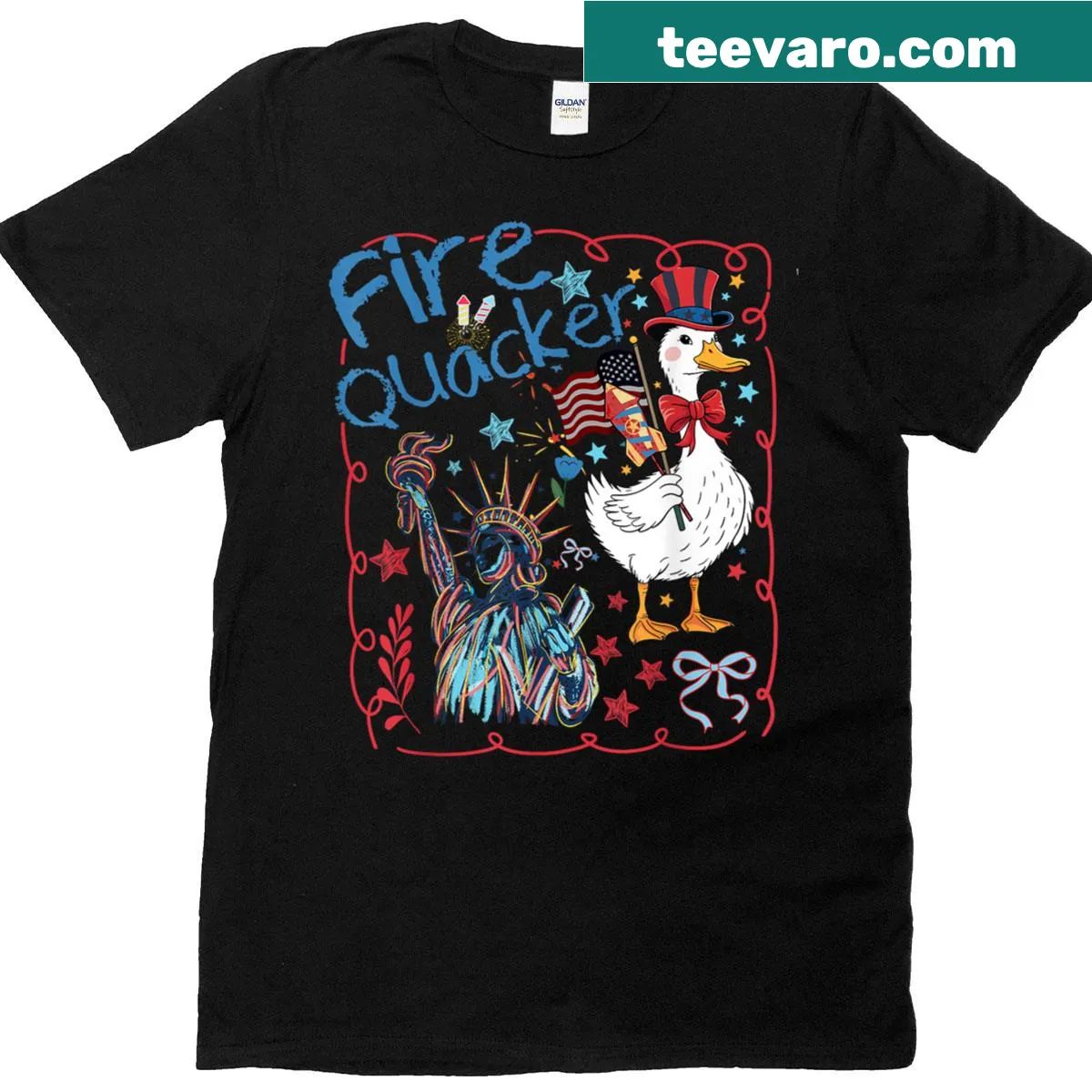 Doodle duck graphic in patriotic style for 4th of July — on a men's t-shirt