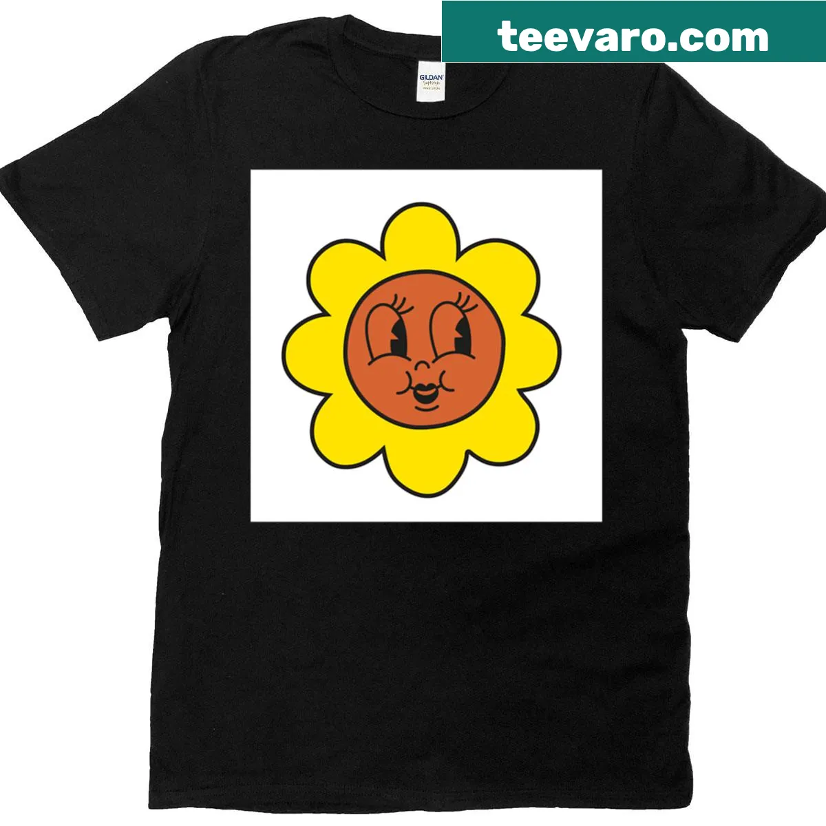 Minimalist flower face graphic in flat design style — on a men's t-shirt