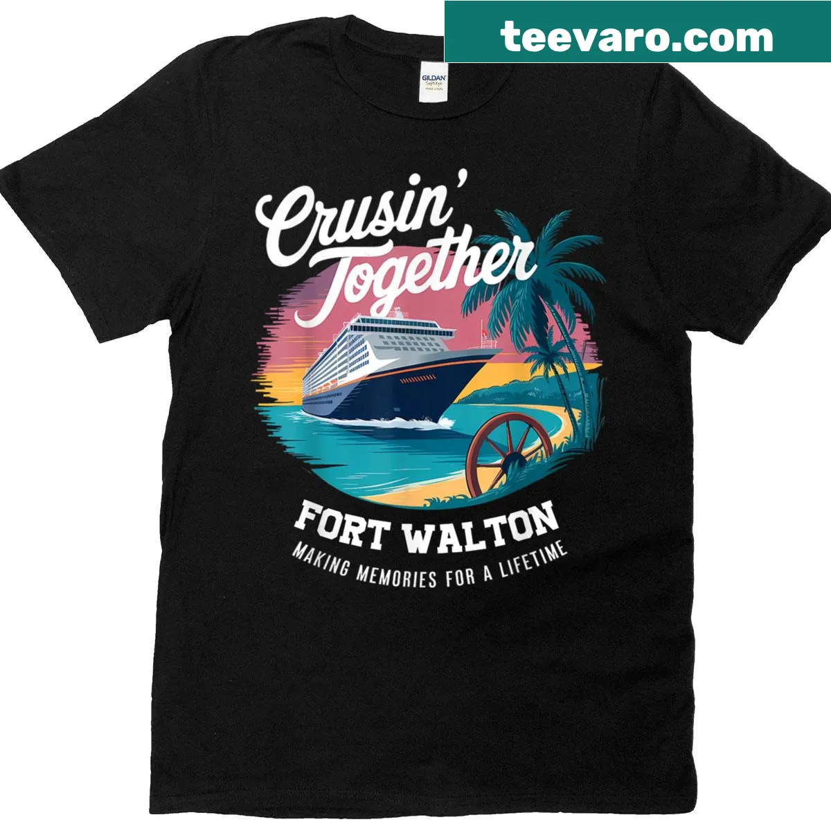 Illustrated family matching T-shirt showing beach theme for Fort Walton Beach — on a men's t-shirt