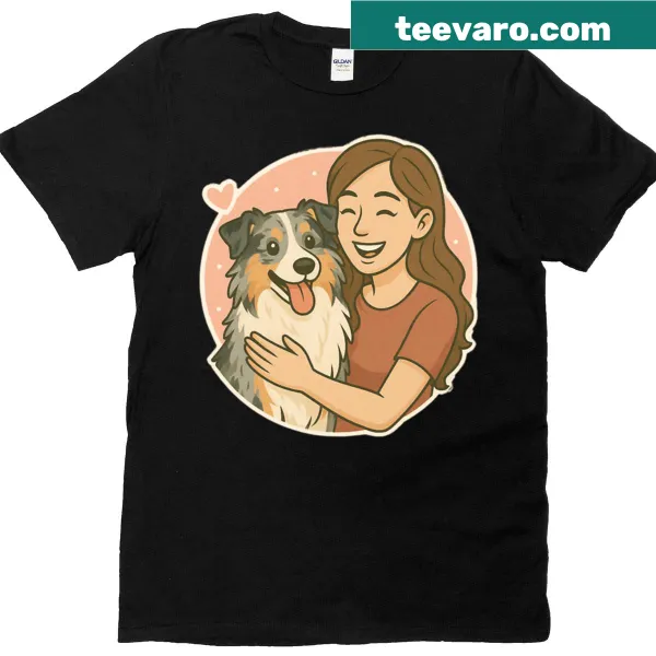 Cartoon T-shirt featuring a woman and an Australian Shepherd, expressing free spirit