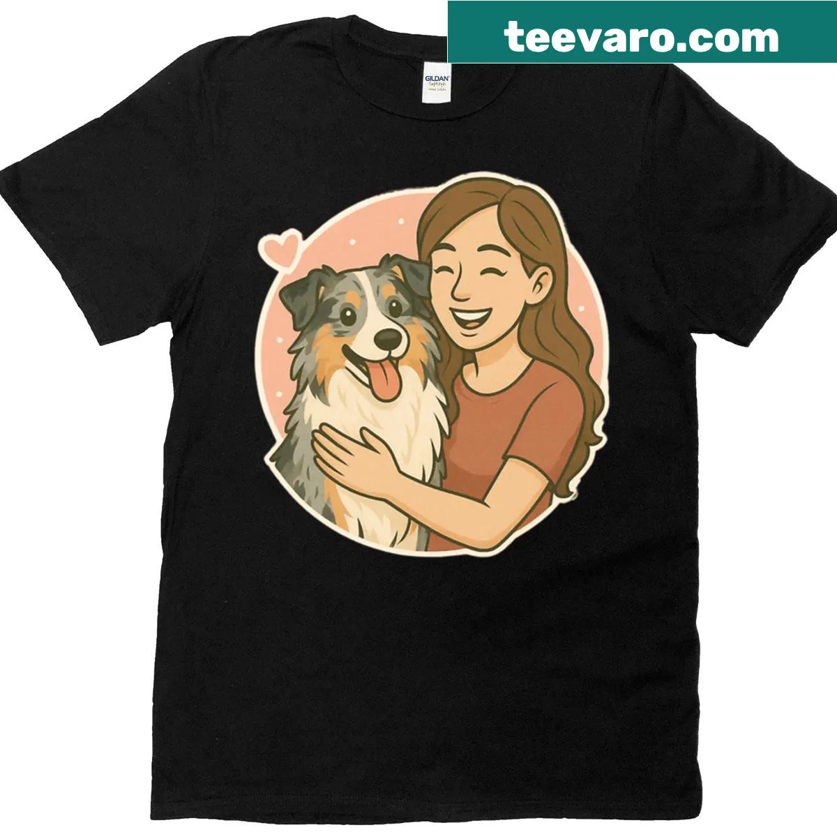 Cartoon T-shirt featuring a woman and an Australian Shepherd, expressing free spirit — on a men's t-shirt