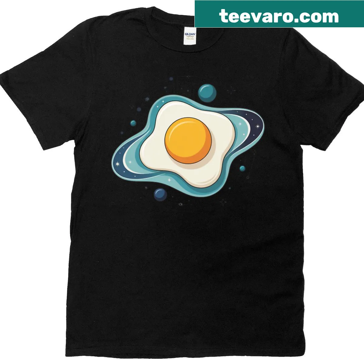 Playful T-shirt featuring a fried egg solar system design. — on a men's t-shirt