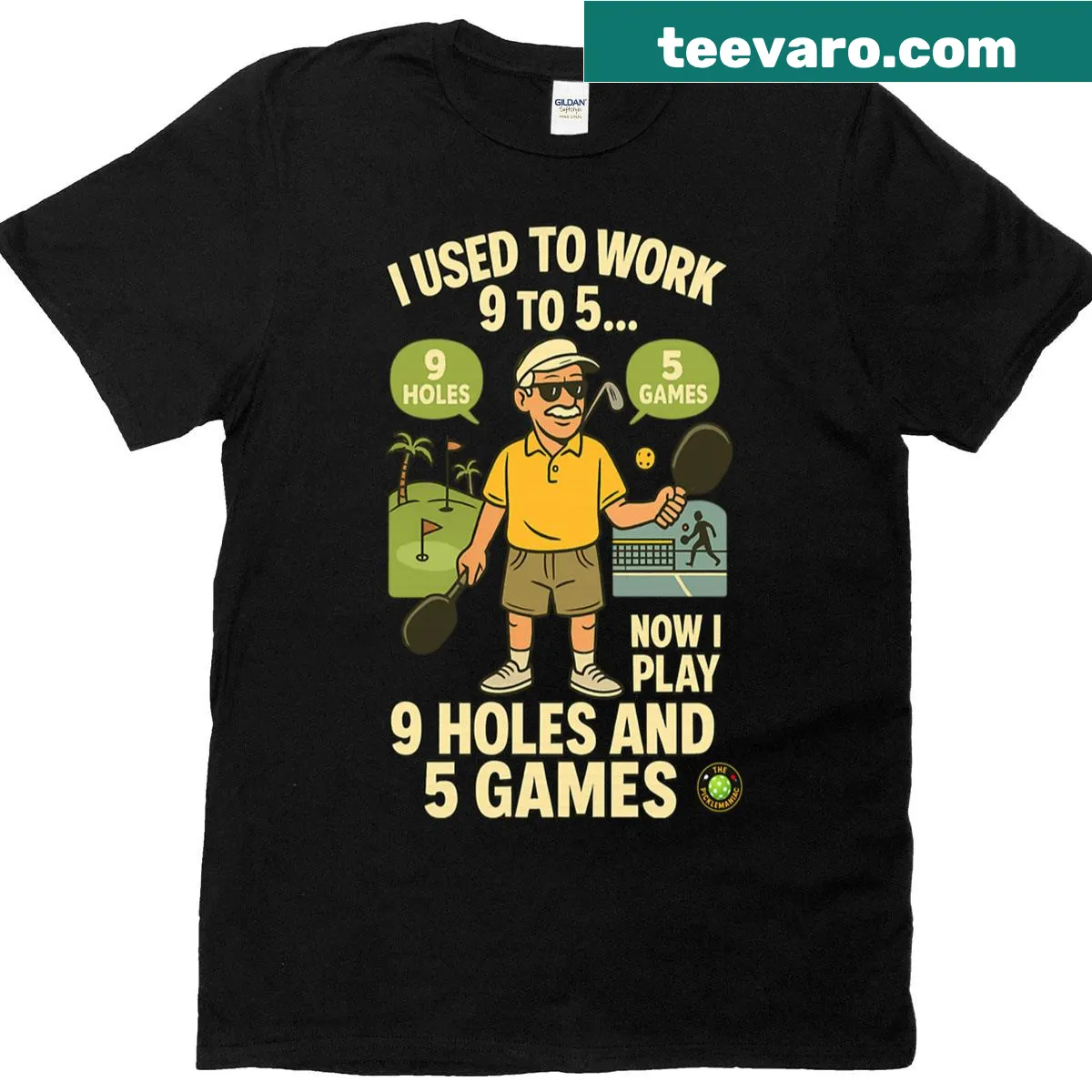 Illustrative T-shirt showing the transition from golf to pickleball. — on a men's t-shirt