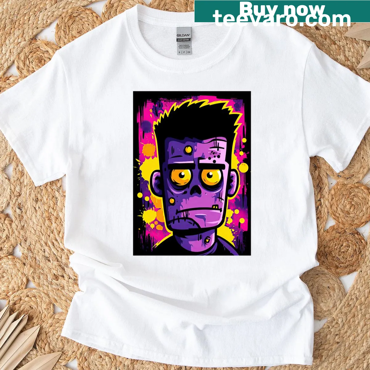 Cartoon zombie dancing on comic-style streets t-shirt — on a men's t-shirt