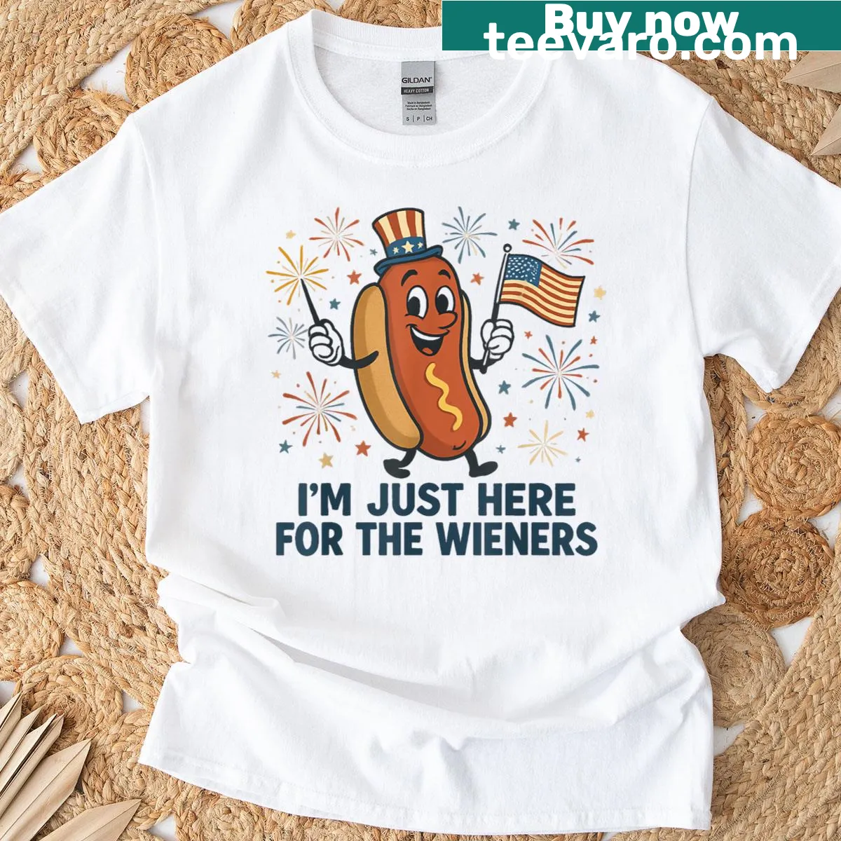 Humorous hotdog illustration on Fourth of July themed T-shirt — on a men's t-shirt