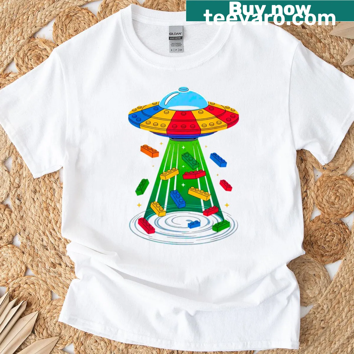 Cartoon alien building with bricks design on kids' T-shirt — on a men's t-shirt