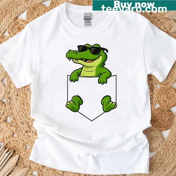 Cute alligator in a pocket illustration on kids' T-shirt