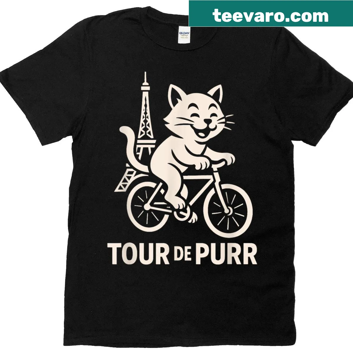 Cartoon of a cat on a bicycle with playful text on a T-shirt — on a men's t-shirt