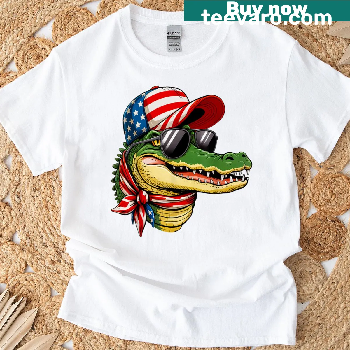 4th of July graphic t-shirt with a funny gator design. — on a men's t-shirt