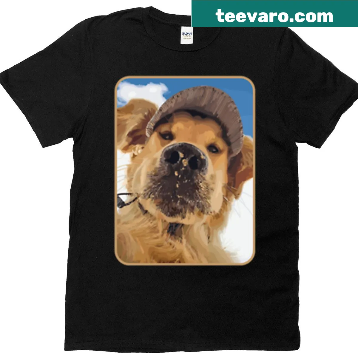 Adorable oversized T-shirt featuring a golden retriever illustration. — on a men's t-shirt
