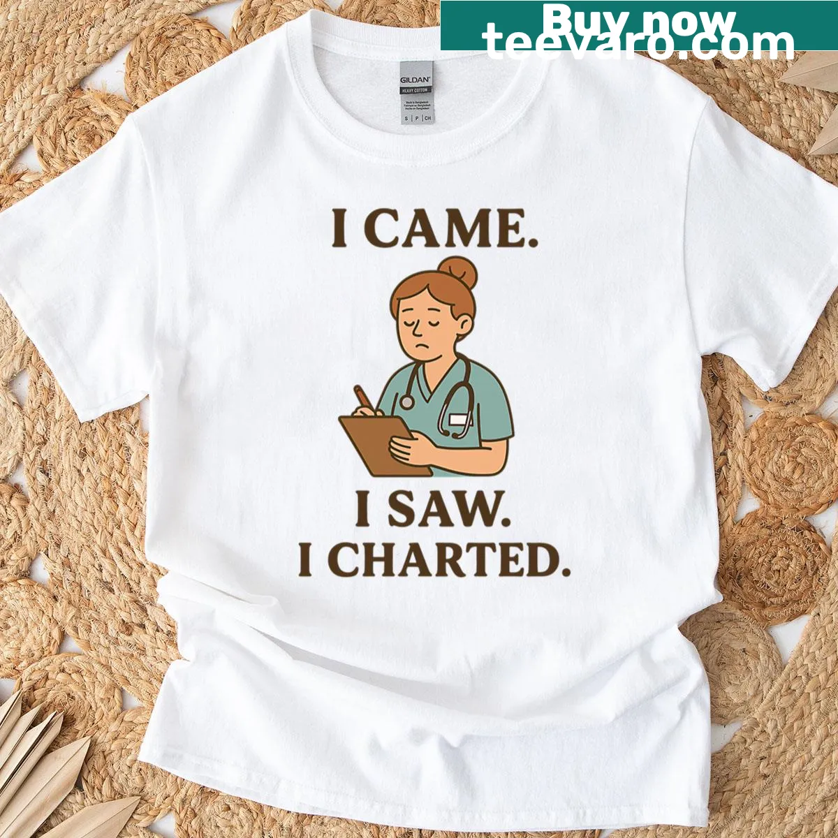 T-shirt featuring a funny nursing illustration and phrase. — on a men's t-shirt