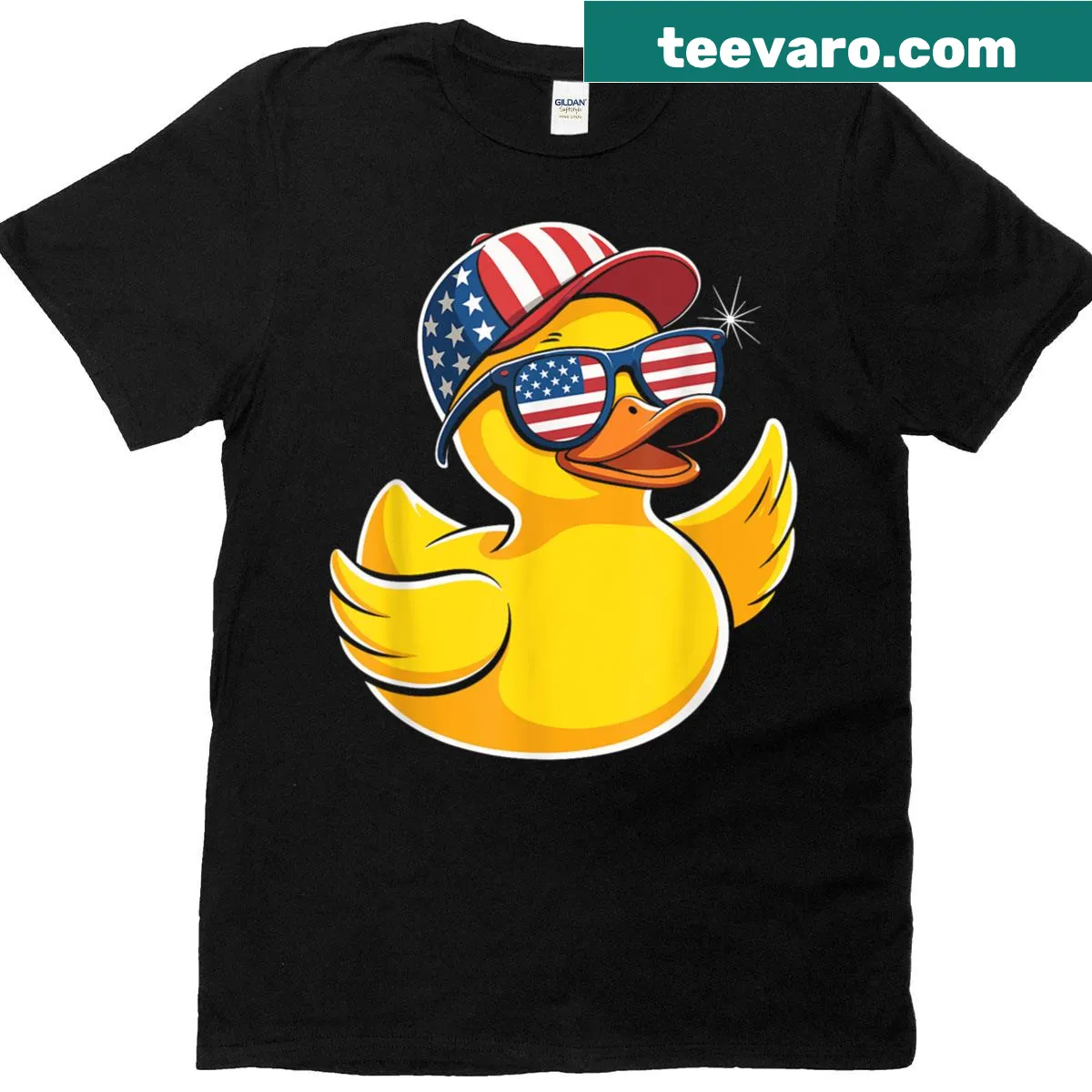 Cartoon duck with USA flag on T-shirt for Fourth of July celebrations — on a men's t-shirt