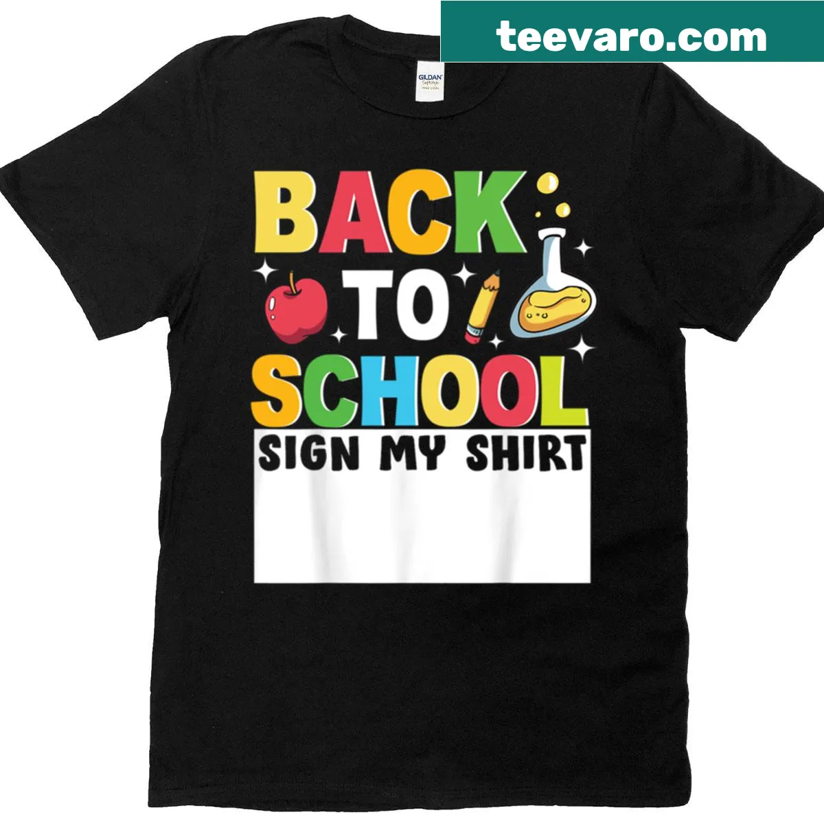 Back-to-school t-shirt with funny sign-my-shirt invitation — on a men's t-shirt