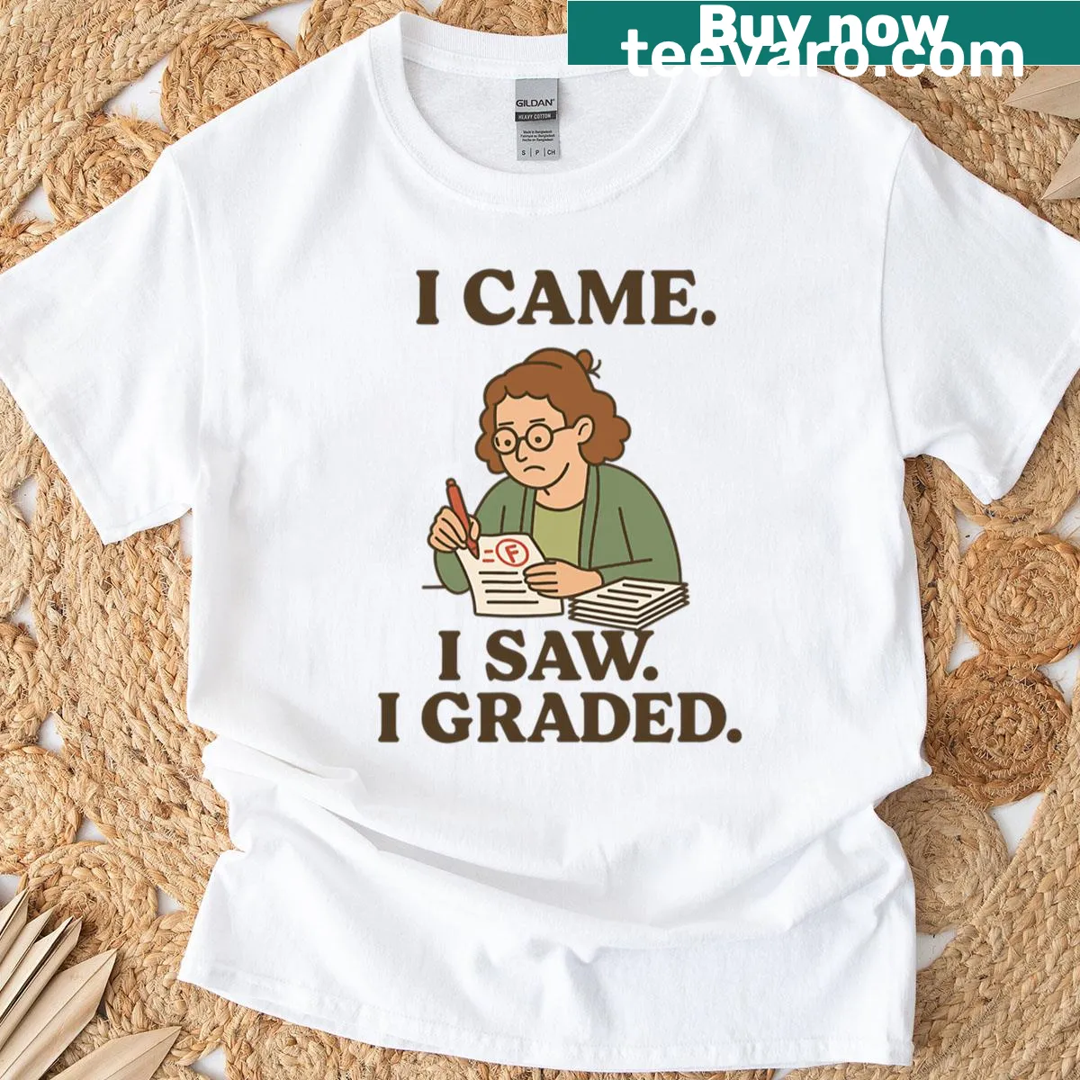 Teacher t-shirt with grading illustration and humorous text — on a men's t-shirt