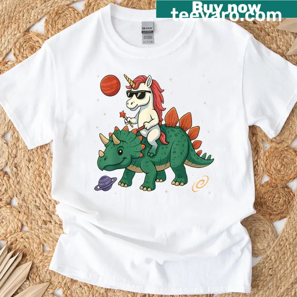 Cute cartoon unicorn riding a triceratops t-shirt
