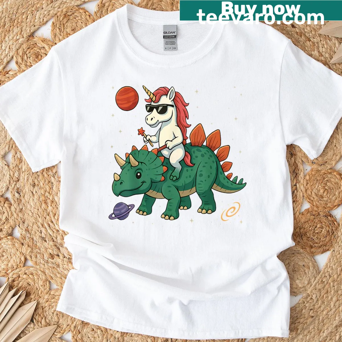 Cute cartoon unicorn riding a triceratops t-shirt — on a men's t-shirt