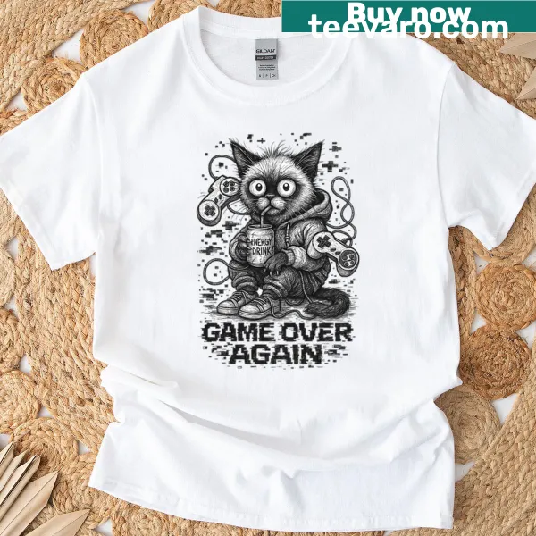 Oversized grunge t-shirt with 'Game Over' and a doodled Siamese cat design