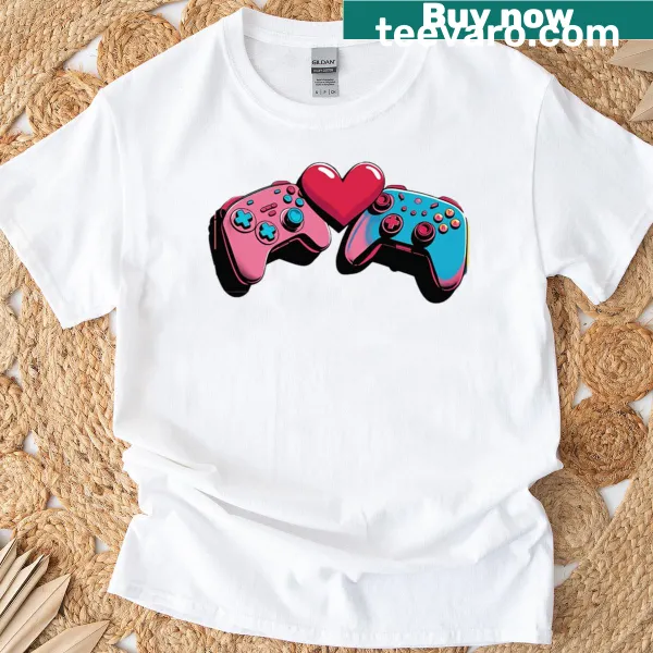 Gamer couple design with cartoon controllers and heart on a T-shirt