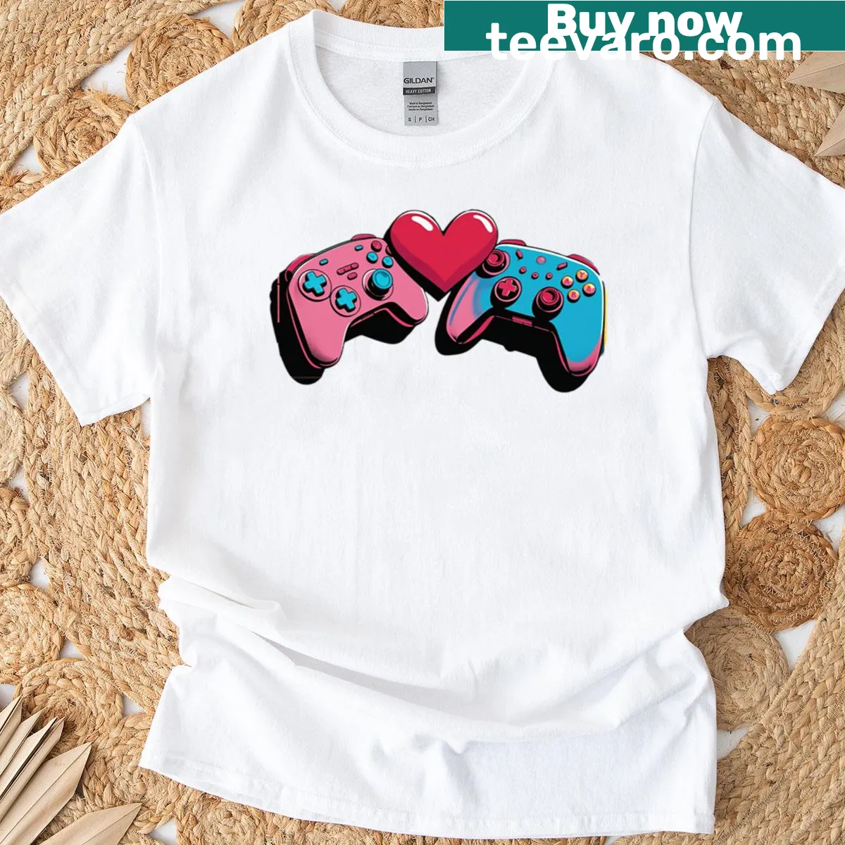 Gamer couple design with cartoon controllers and heart on a T-shirt — on a men's t-shirt