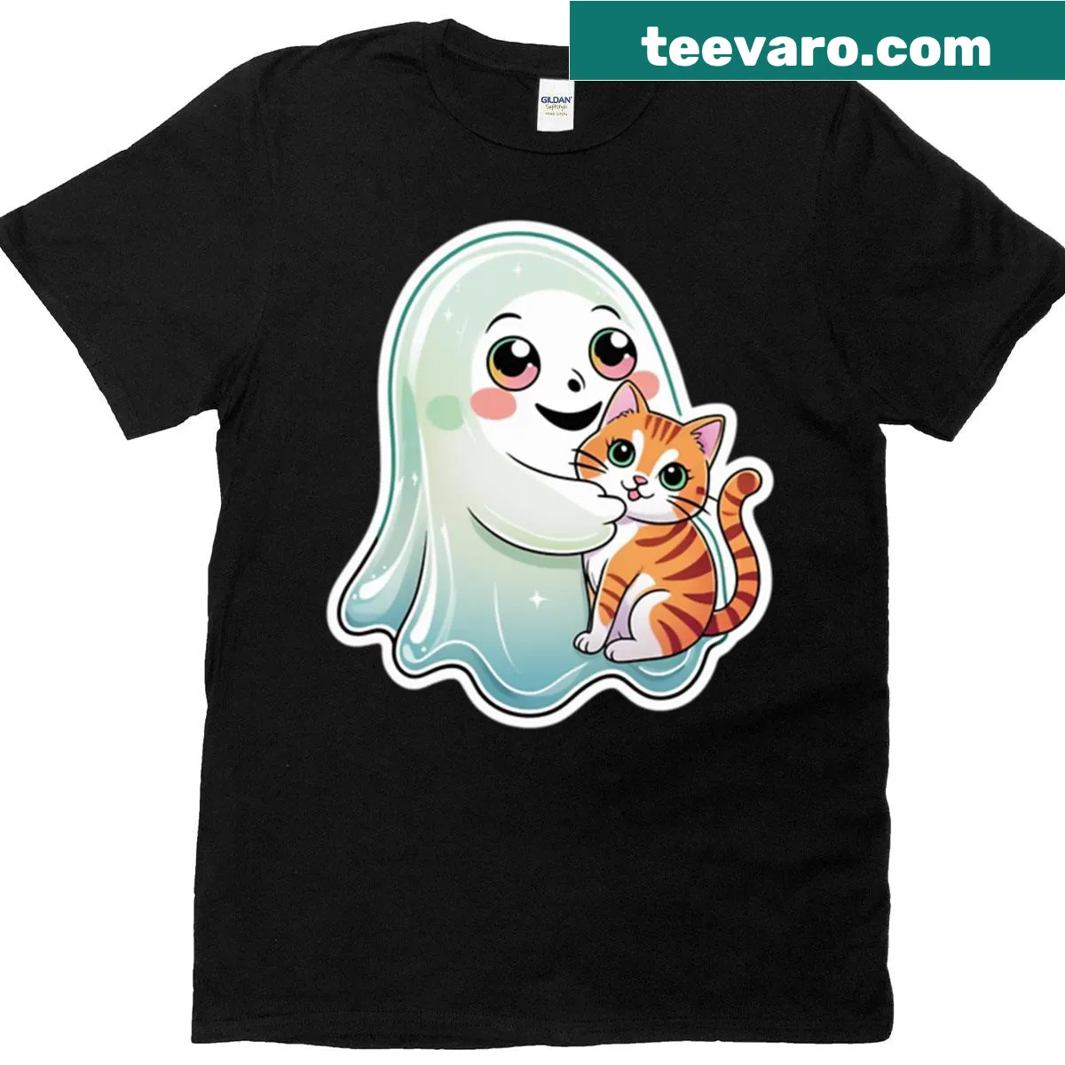 Playful ghost lifting a cat graphic t-shirt — on a men's t-shirt