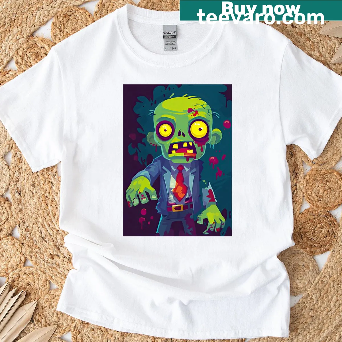 Graphic t-shirt featuring a comic zombie illustration with a torn design — on a men's t-shirt