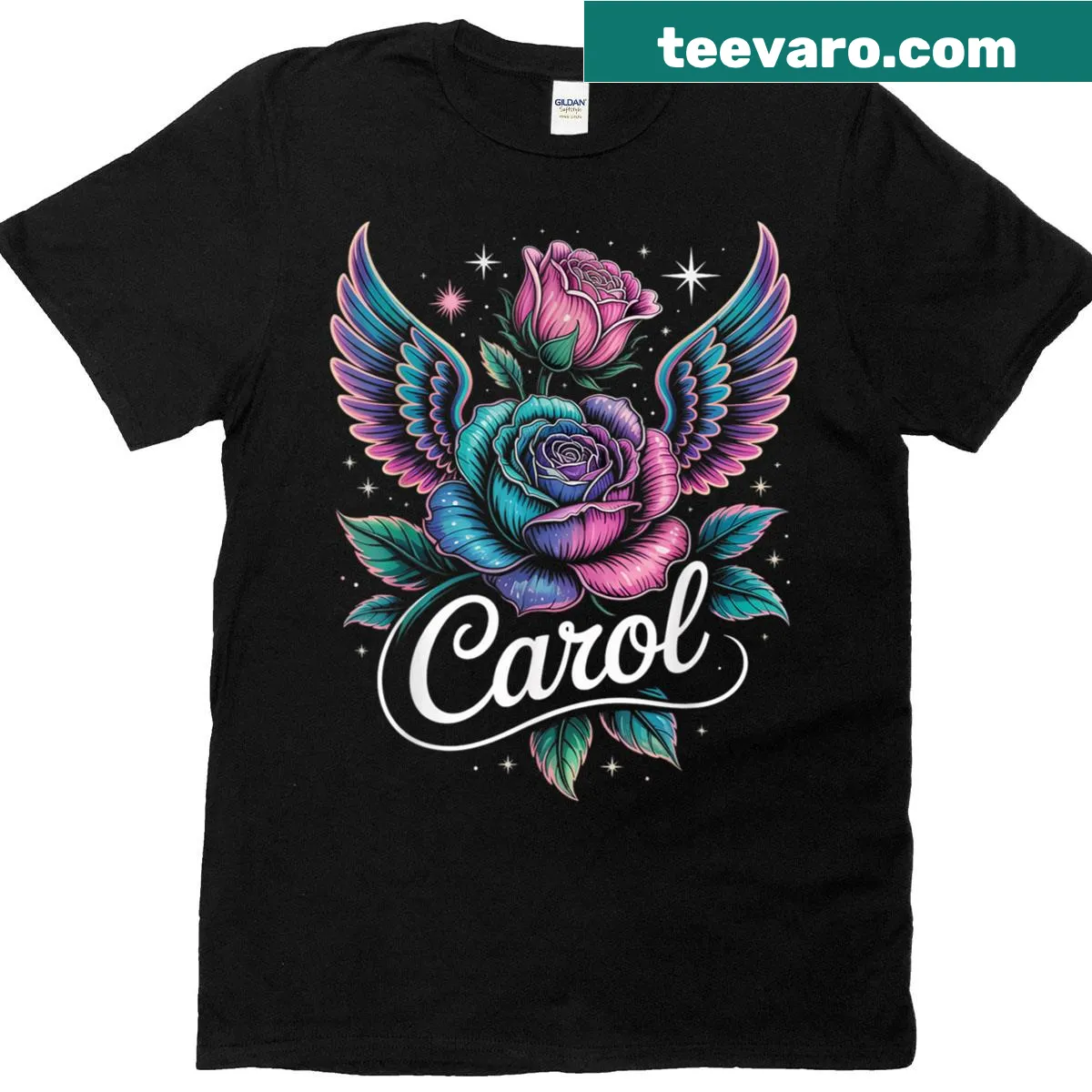 Personalized vintage Carol T-shirt with groovy 80s flower design — on a men's t-shirt