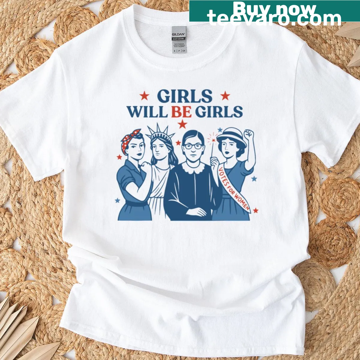 Empowering t-shirt with 'Girls Will Be Girls' slogan and patriotic design — on a men's t-shirt