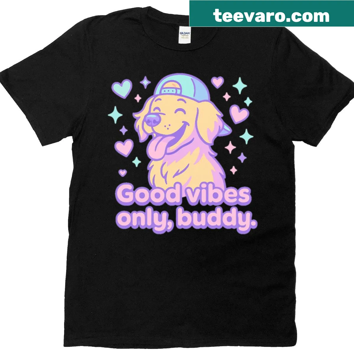 Cartoon golden retriever with 'Good Vibes Only' on an oversized t-shirt — on a men's t-shirt