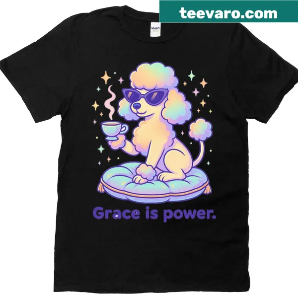 Cartoon vaporwave poodle design on an oversized t-shirt.