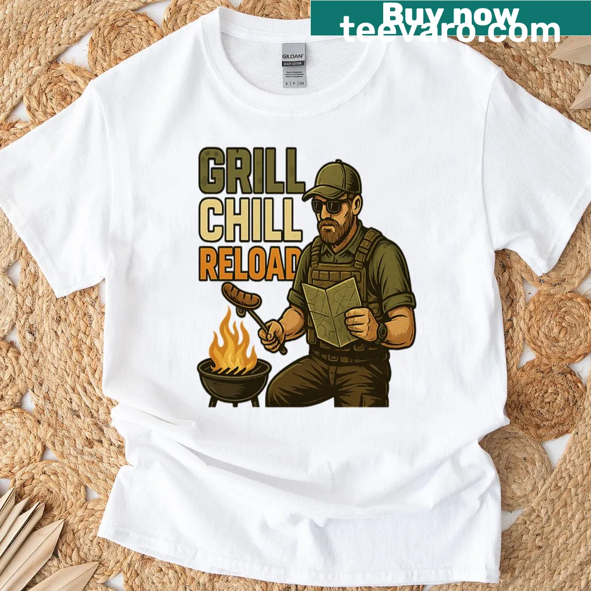 Humorous BBQ-themed t-shirt for military dads with tactical design — on a men's t-shirt
