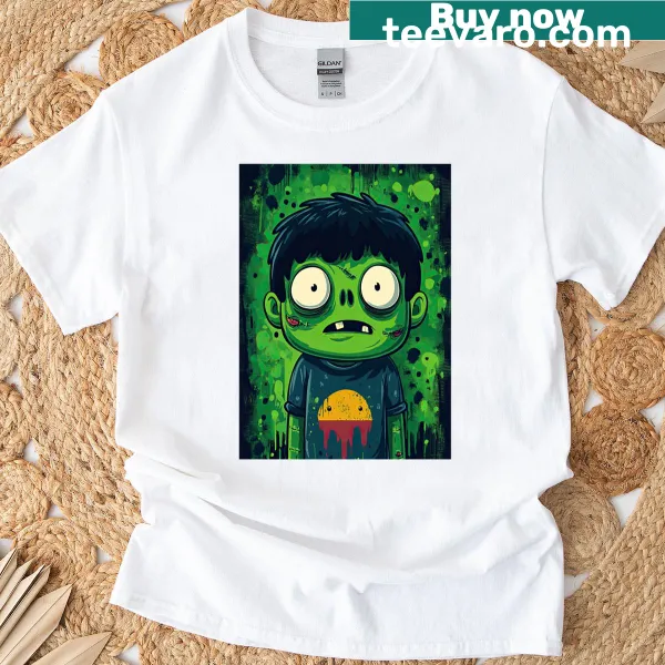 Cartoon zombie character in a stylish outfit on a t-shirt