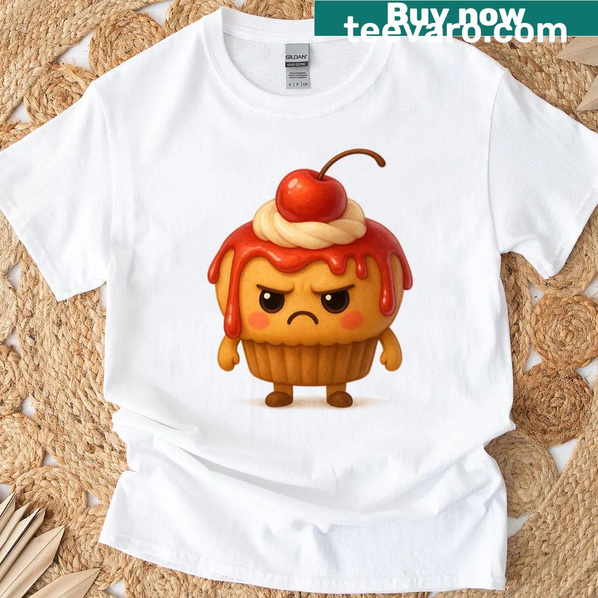 Kawaii-style T-shirt featuring a grumpy cherry cake character — on a men's t-shirt