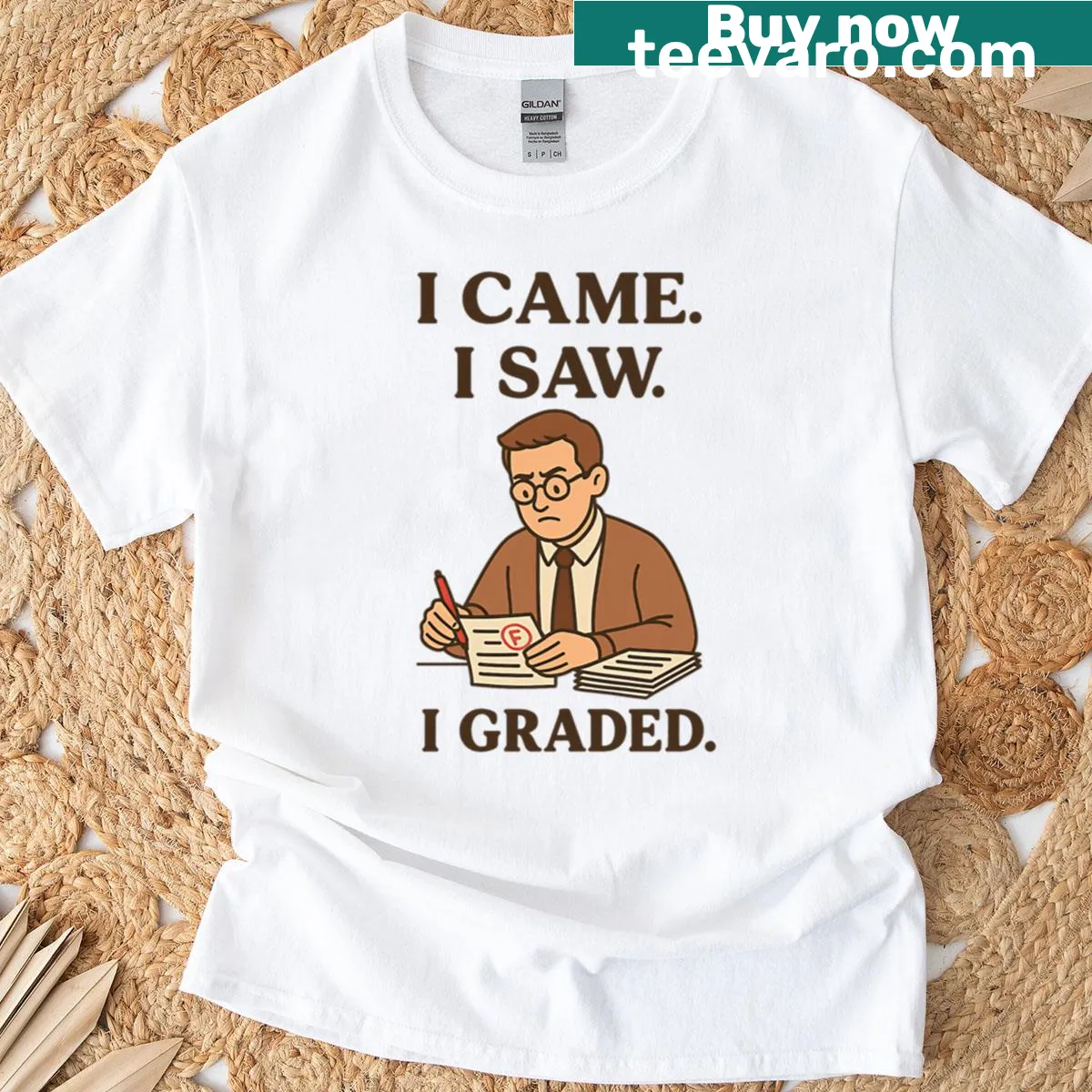 Cartoon graphic t-shirt for teachers with grading theme — on a men's t-shirt